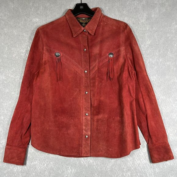Harley Davidson Jacket Women's Large Red Suede Leather W/ Fringed